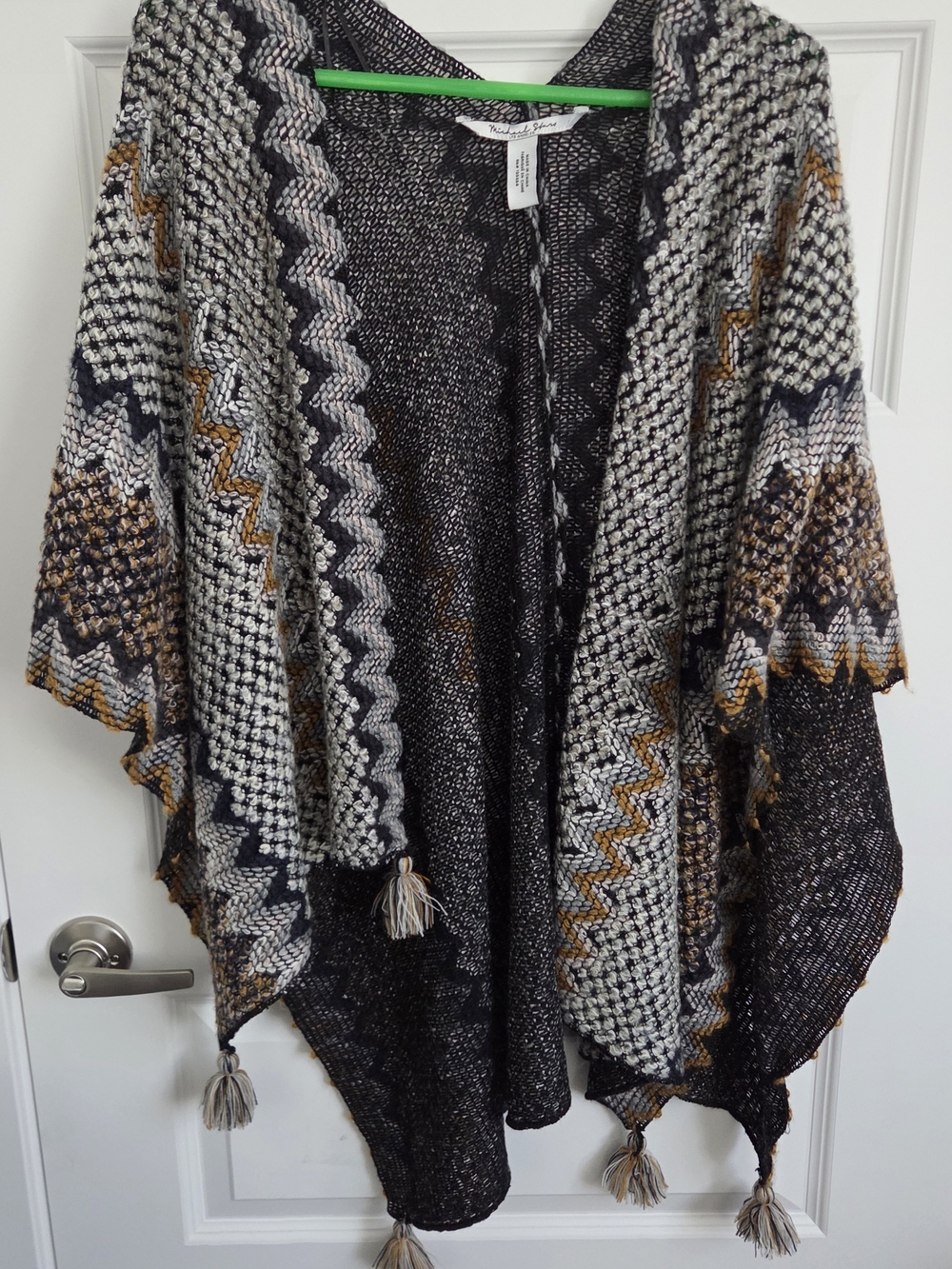 Michael Stars Black Gray Brown Knit Open-Front Poncho with Tassels